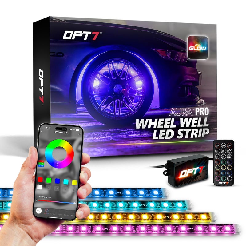 OPT7 Aura Pro Wheel Well Lights Kit with APP & Remote Control, 4pc 24" Waterproof LED Strips, Music Sync, RGB Multi-Color Modes Neon Tire Rim Lights for Car Truck SUV Van - Image 1